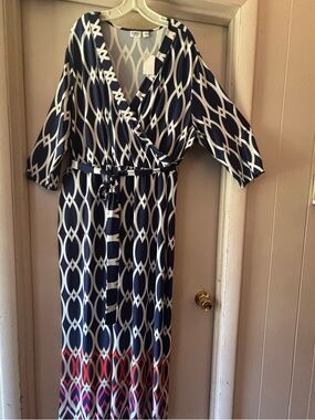 Cato Navy and White Geometric Wrap Maxi Dress with Pink and Red Border